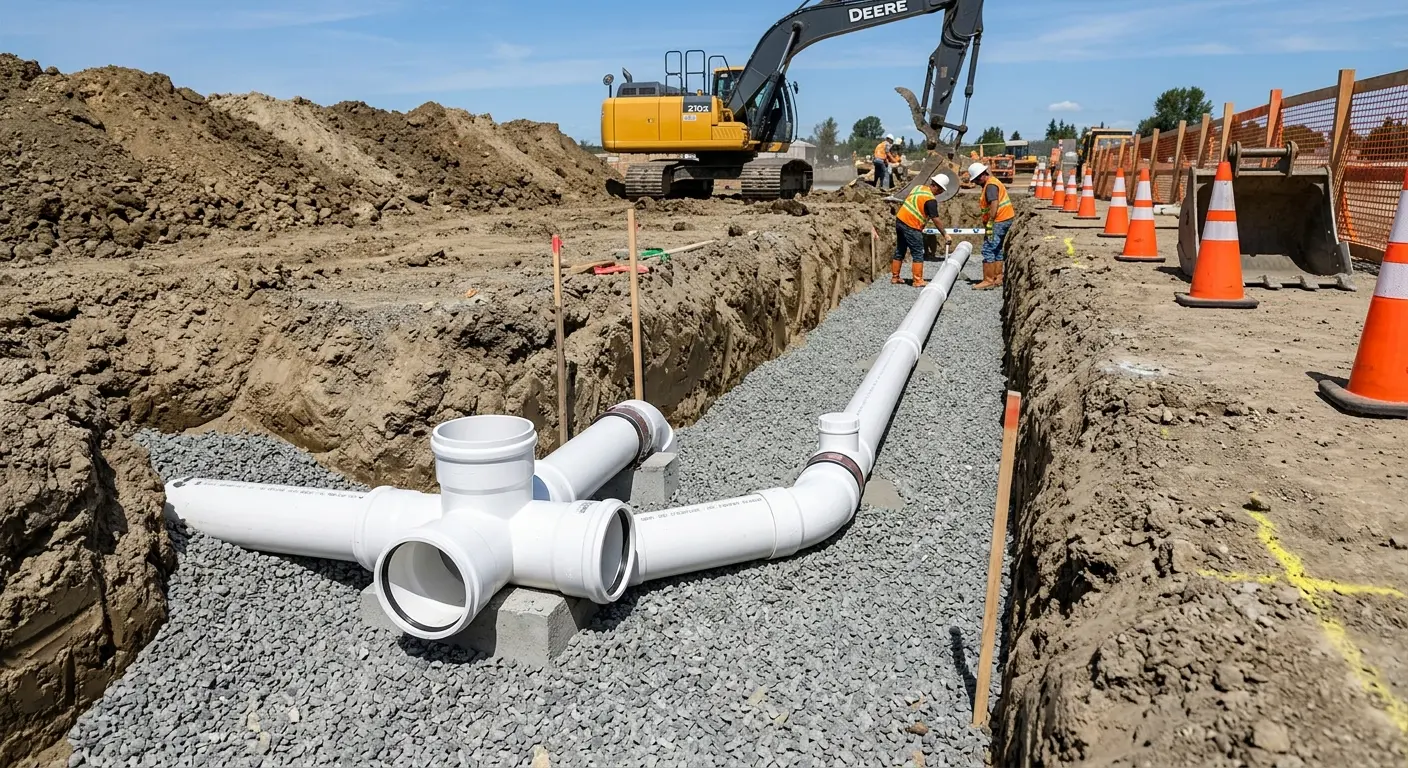 New PVC sewer pipe installation in open trench for Commercial Drain Cleaning in Zuni Pueblo