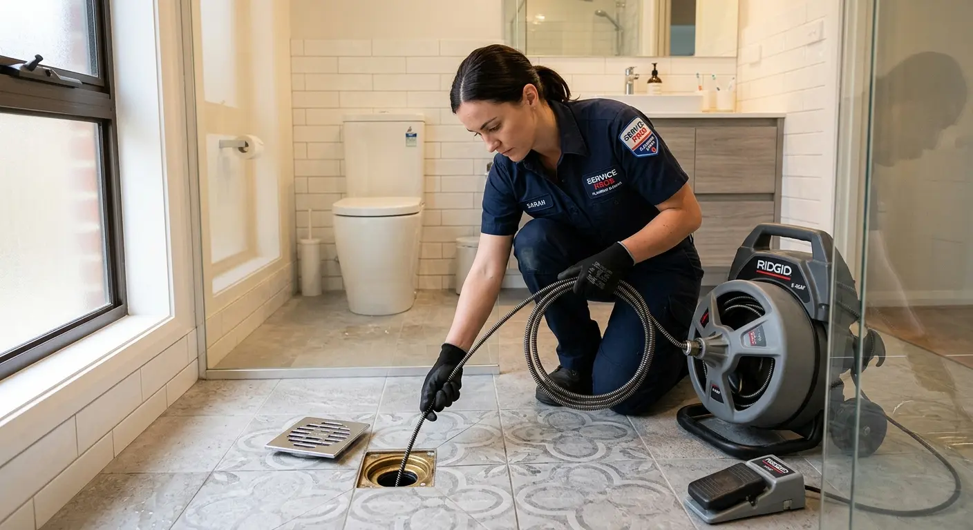 Technician clearing a bathroom floor drain for Clogged Drain Repair in Zuni Pueblo
